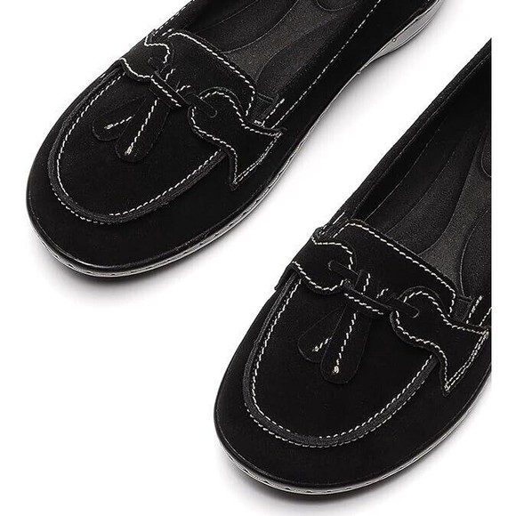 Women Black Classic Penny Loafers Sz 8 Microsuede Leather Slip On Walking Flats - Picture 4 of 11